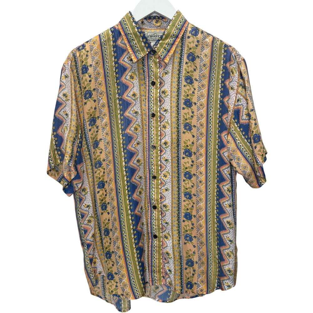 Vintage Croquet Club Short Sleeve Silk Blouse Size M Yellow Floral Boho Cottage
